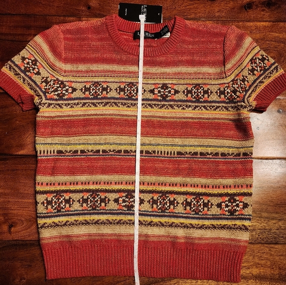 LAUREN RALPH LAUREN Red and Beige Pattern Sweater Cotton/Linen Blend Sz PS NWT - Picture 4 of 6